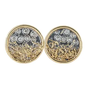 Silky texture Refined Elegance Traveler's Coin Studs - 22ky gold dust, 18k Gold, Oxidized Silver   Reclaimed Diamonds