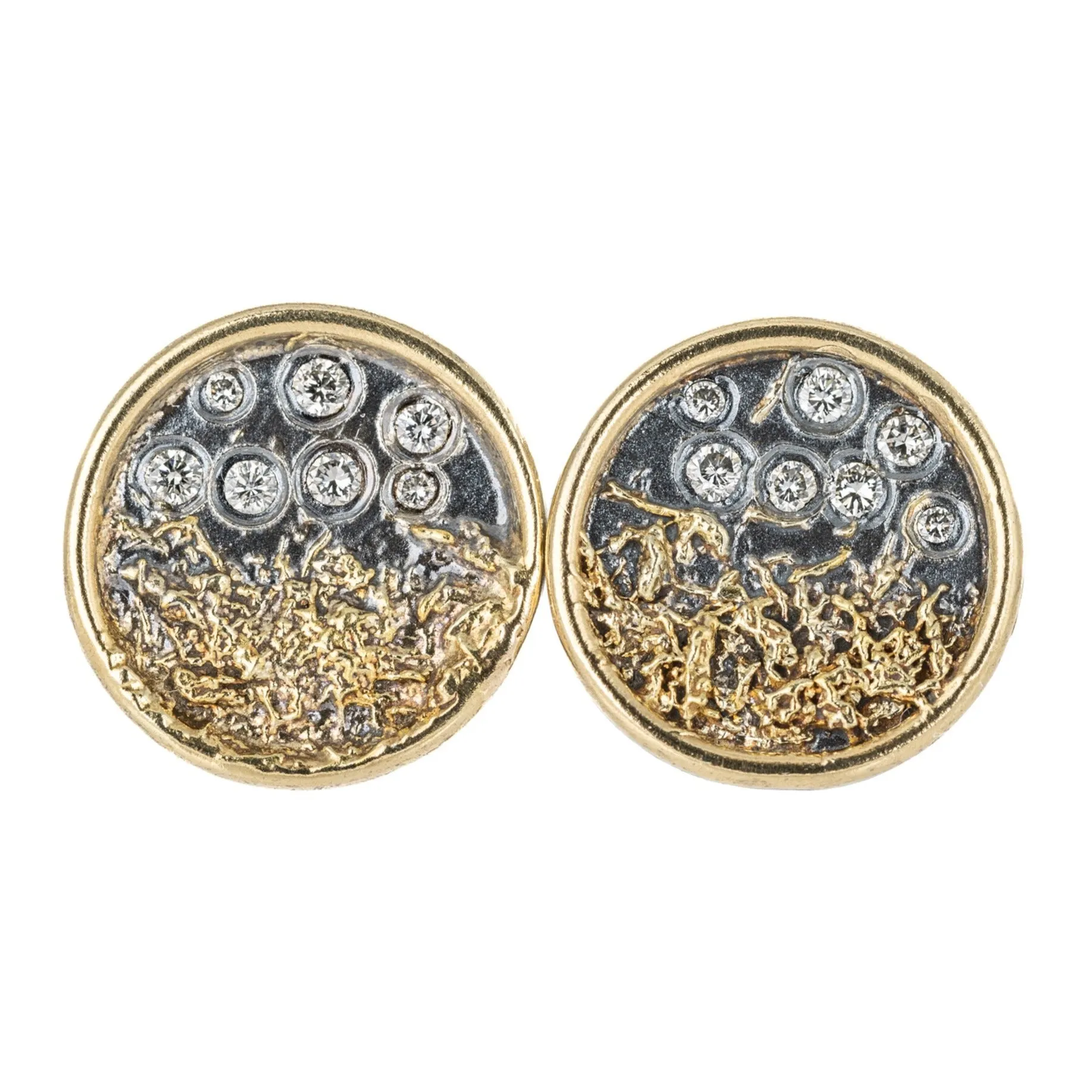 Silky texture Refined Elegance Traveler's Coin Studs - 22ky gold dust, 18k Gold, Oxidized Silver   Reclaimed Diamonds