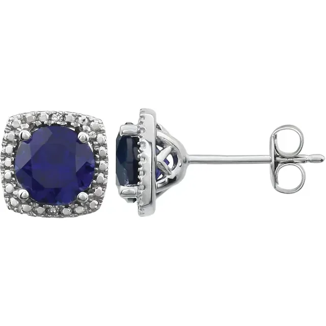 Shining Craft Sterling Silver Created Blue Sapphire & .015 CTW Diamond Earrings