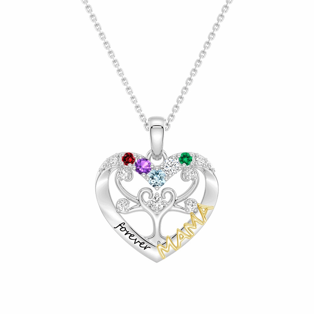 Sparkle Surface Custom Birthstone Heart Tree Necklace ?C "Forever MAMA" Pendant