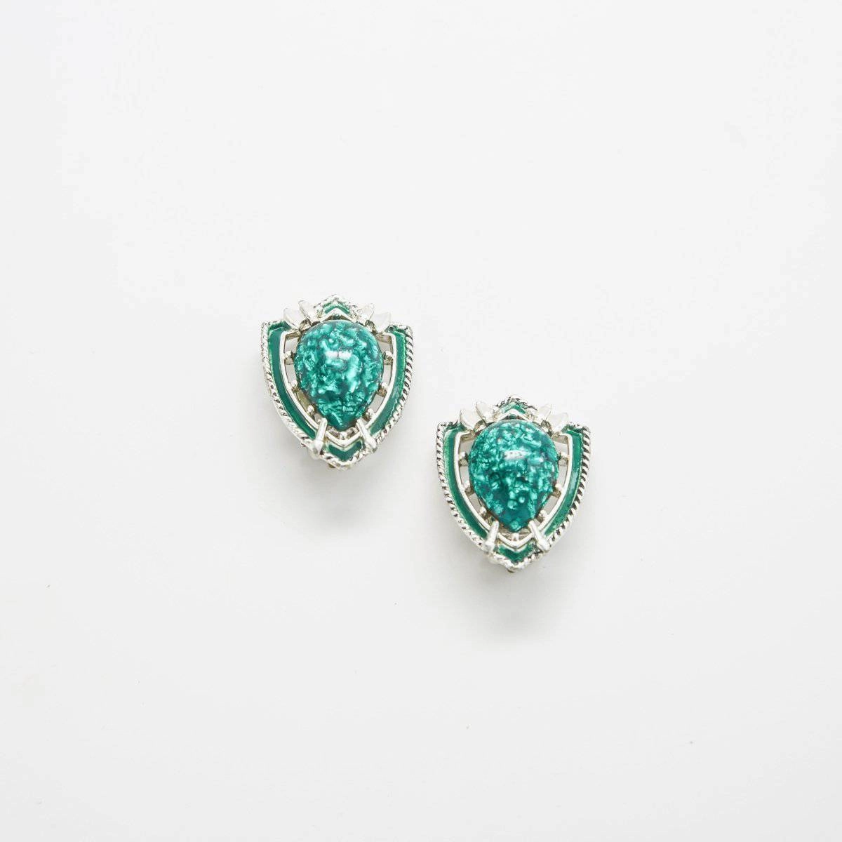 Precious Craft Glam Day Vintage Silver and Green Shield Earrings