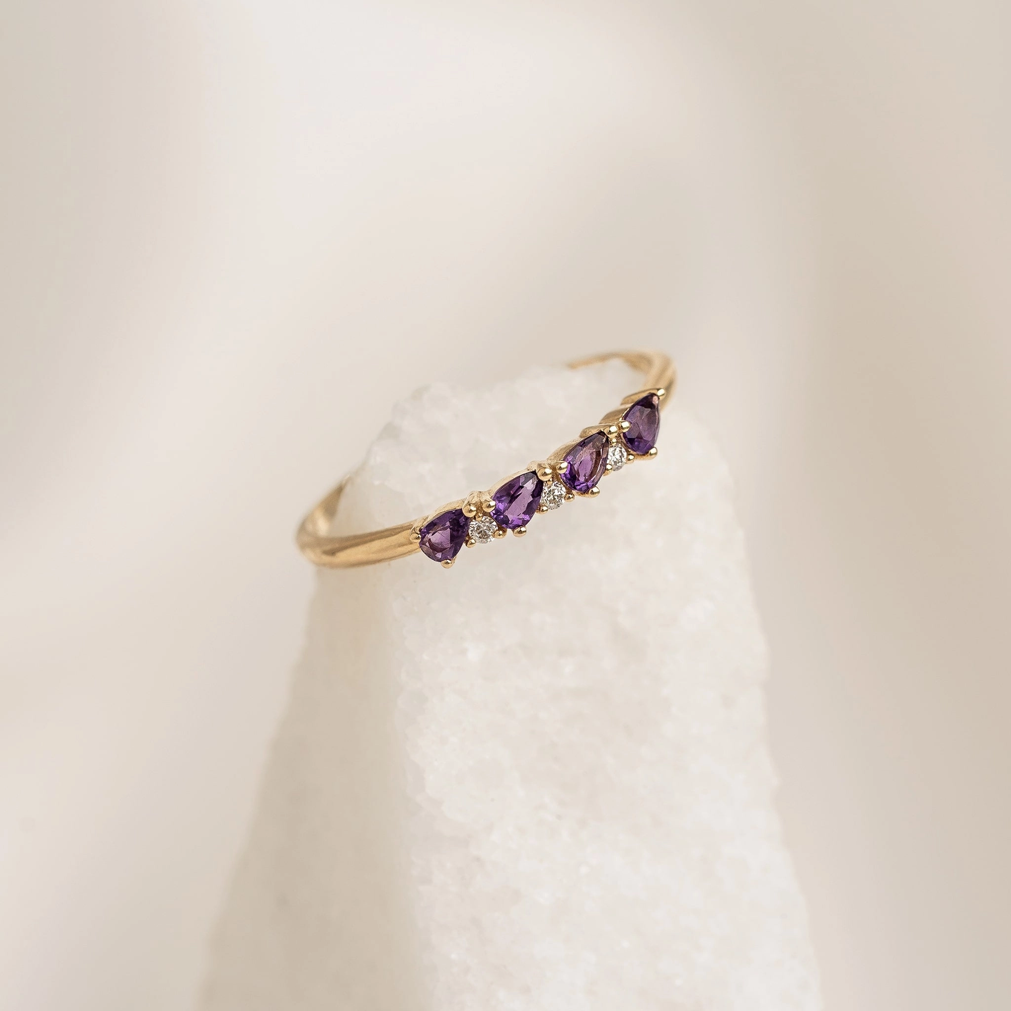 Precious Craft Polished Pieces February Birthstone Pear Ring 14k Gold - Amethyst and Diamond
