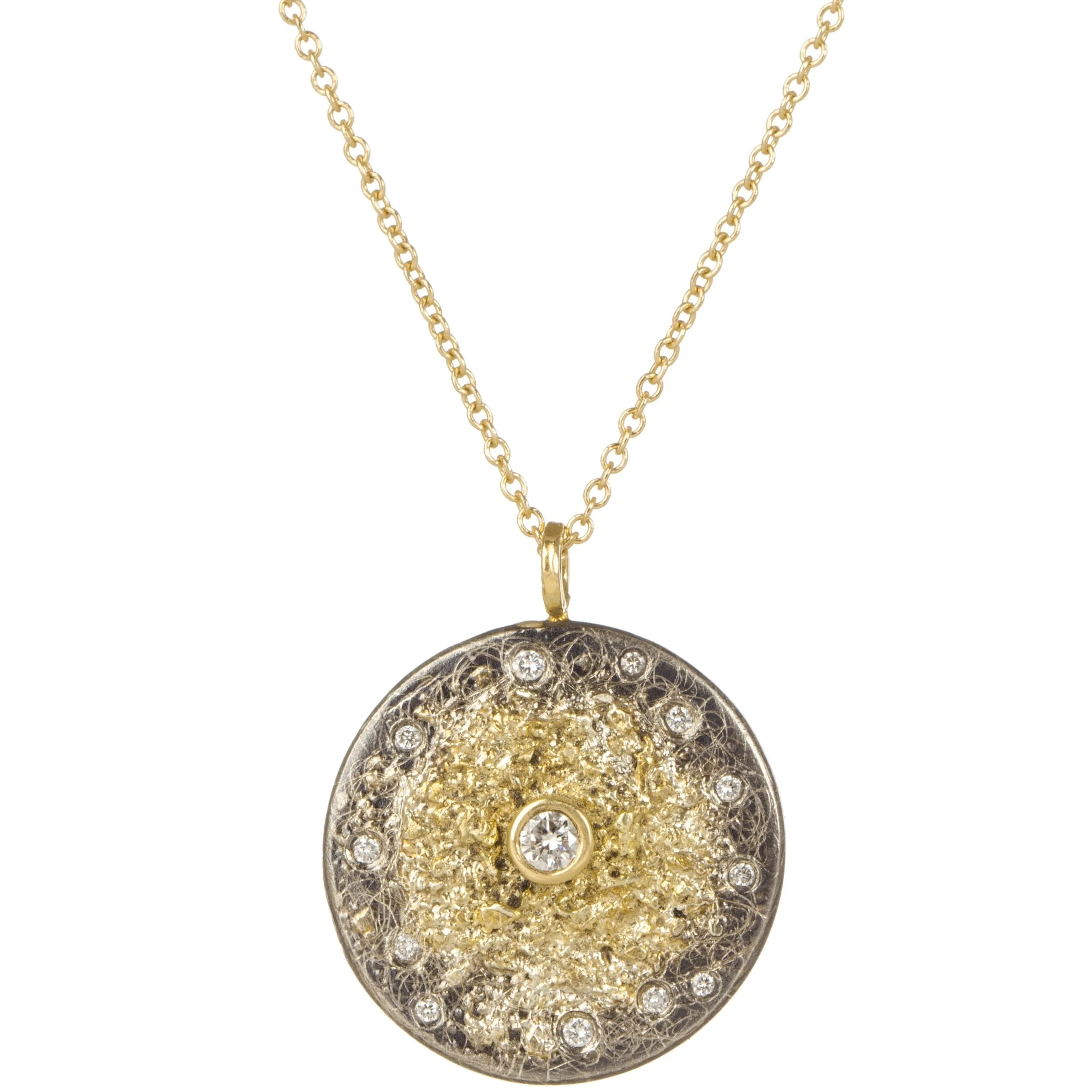 Elegant Shape Handcrafted Design Shine Starburst Necklace on 14k Gold Chain - 22k/18k/14k Gold, Oxidized Silver   VS Diamonds