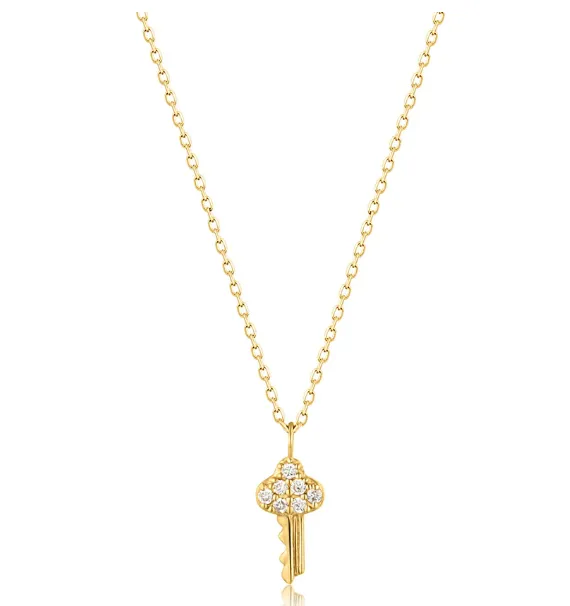Impeccable Form Exclusive Craft Ania Haie 14K Yellow Gold Round Shape Diamond Key Pendant with a 14K Yellow Gold Link Necklace (0.035ctw)