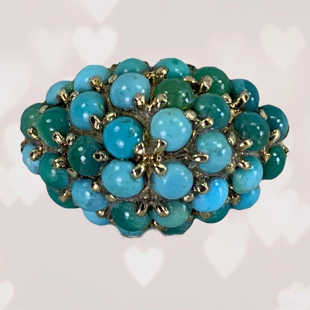 Vintage 1970s Turquoise Cluster Ring in 14k Yellow Gold. Bohemian Statement Ring. December Birthstone. Metallic Touch Fresh Touch