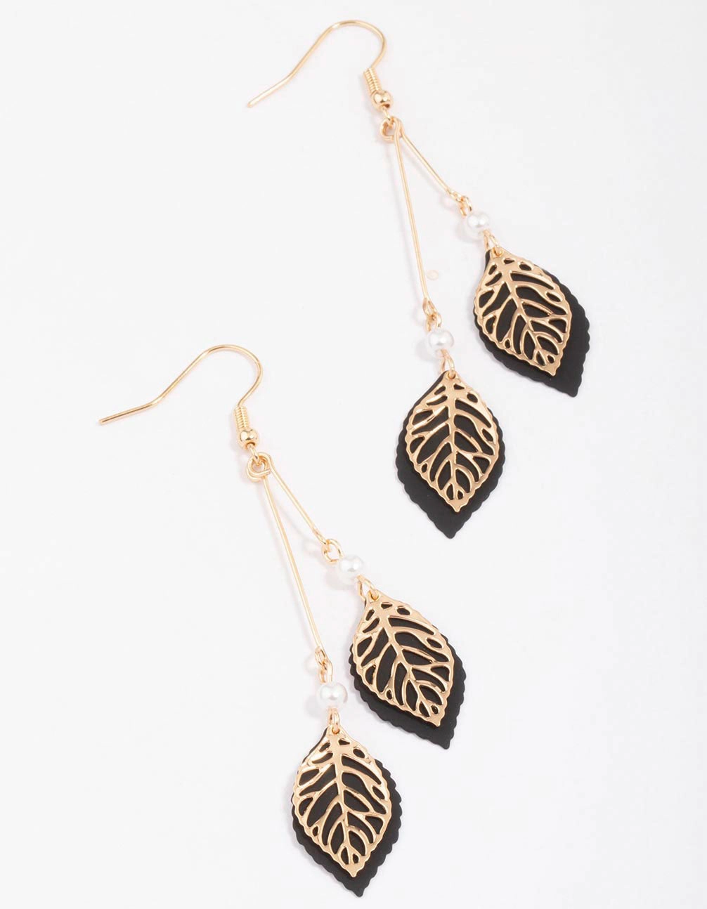 Daily Essential Sophisticated Gem Gold & Black Filigree Diamante Leaf Drop Earrings