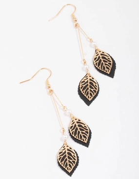 Daily Essential Sophisticated Gem Gold & Black Filigree Diamante Leaf Drop Earrings