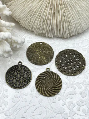 Superior Present Summer Present Flat Round Filigree Stamped Metal Pendant Medallion Pendant,  4 styles, 42mm, 39mm, 34mm, 21mm Bronze. Fast Ship