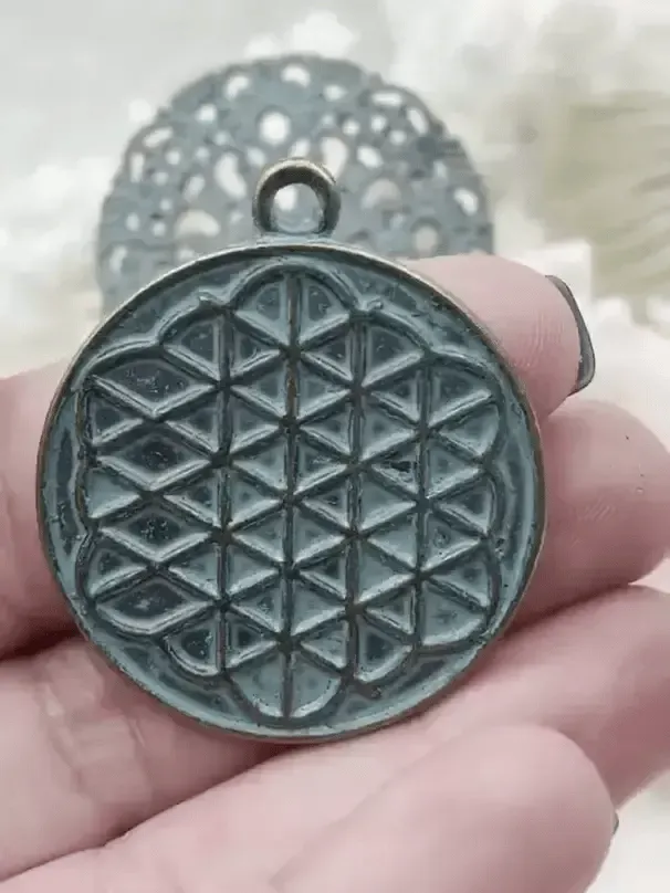 handmade piece Flat Round Filigree Stamped Metal Pendant Medallion Pendant,  4 styles, 42mm, 39mm, 34mm, 21mm Verdigris . Fast Ship