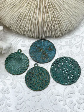 Flat Round Filigree Stamped Metal Pendant Medallion Pendant,  4 styles, 42mm, 39mm, 34mm, 21mm Verdigris . Fast Ship Glamorous Night Modern Style