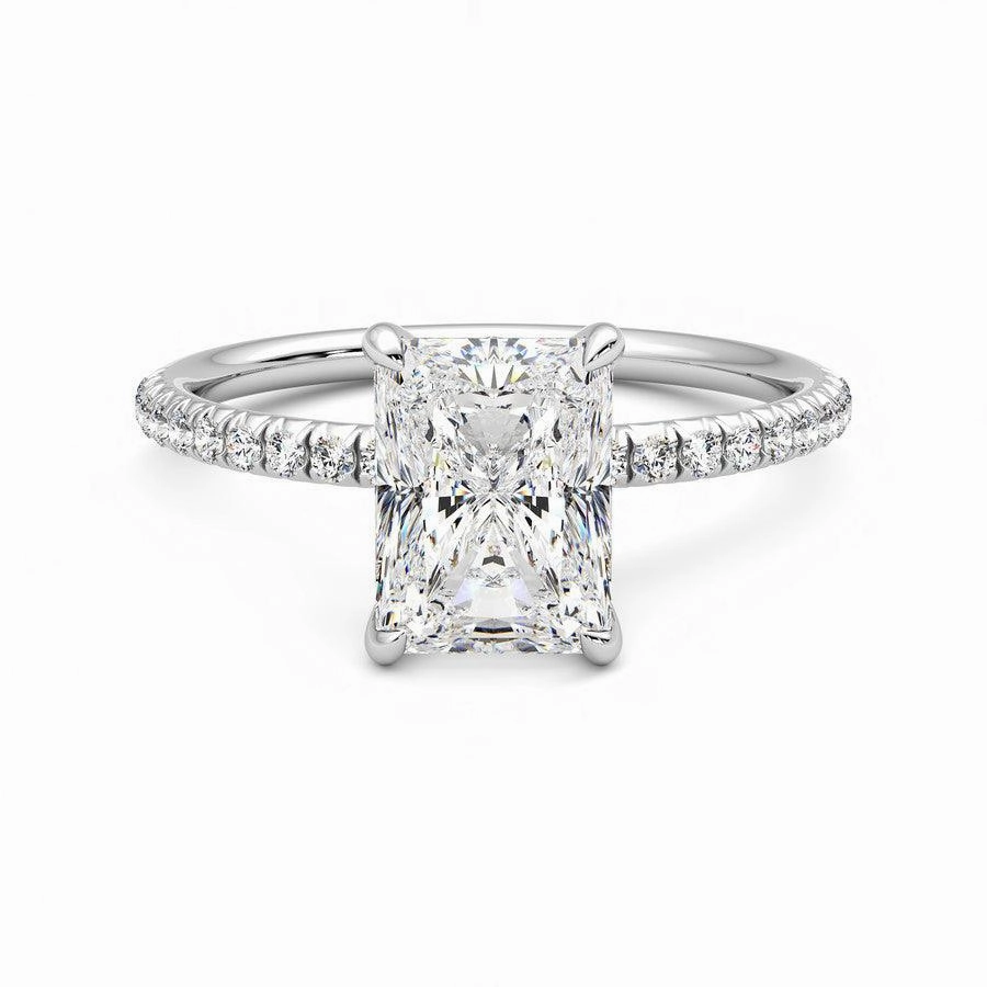 Glistening Look Four Prong Radiant Cut Moissanite Engagement Ring with Hidden Anniversary Stone Accent