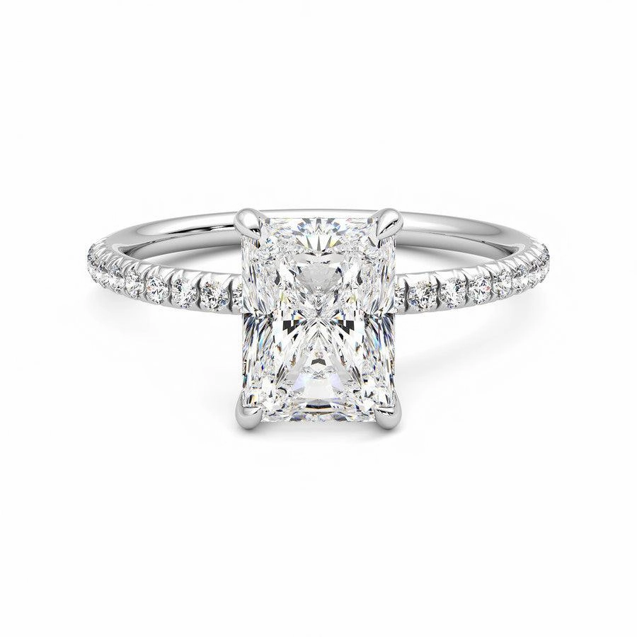 Four Prong Radiant Cut Moissanite Engagement Ring with Hidden Anniversary Stone Accent Premium Form