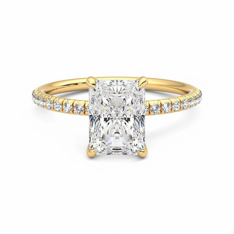 Four Prong Radiant Cut Moissanite Engagement Ring with Hidden Anniversary Stone Accent Romantic Vibe