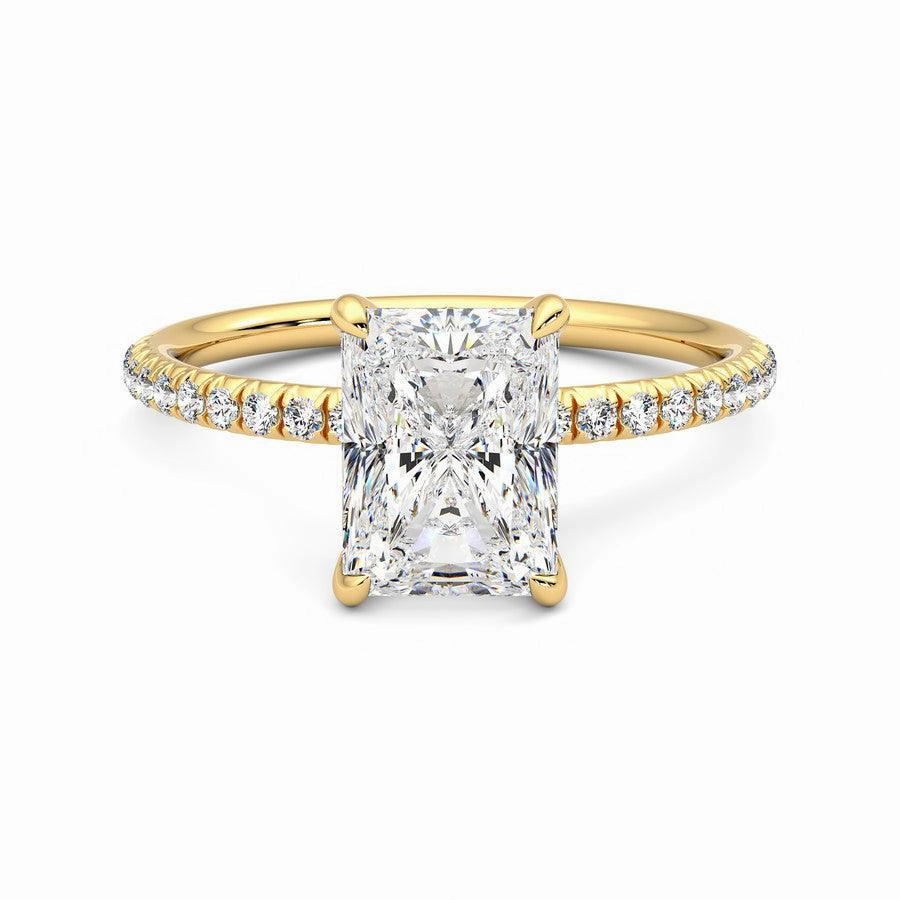 Four Prong Radiant Cut Moissanite Engagement Ring with Hidden Anniversary Stone Accent Dynamic Highlight