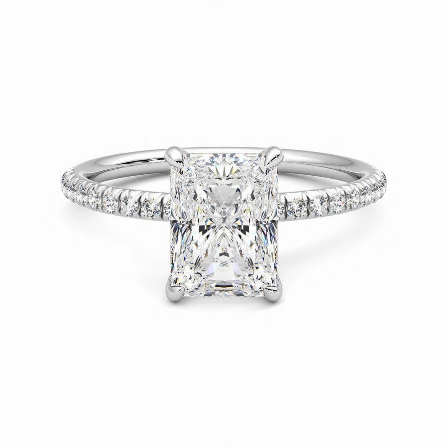 Four Prong Radiant Cut Moissanite Engagement Ring with Hidden Anniversary Stone Accent Premium Quality Date Fit