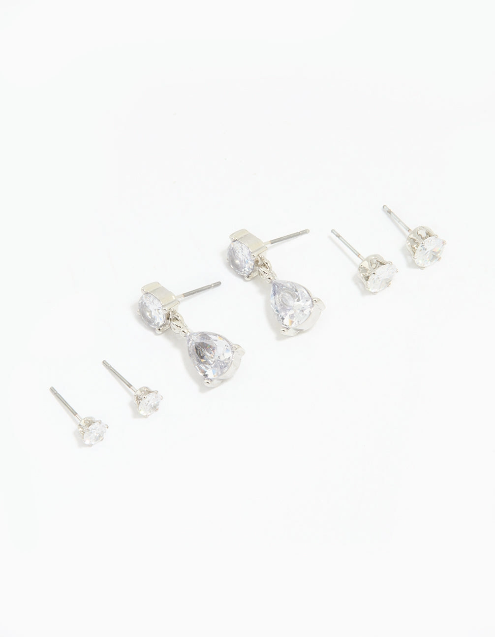 Silver Cubic Zirconia Stud & Drop Earrings 3-Pack Handmade Glam Smooth Lines