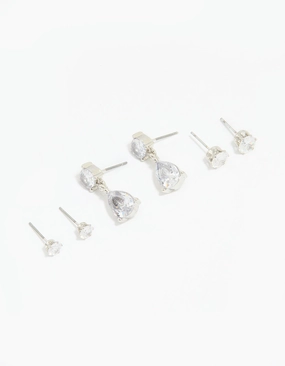 Silver Cubic Zirconia Stud & Drop Earrings 3-Pack Handmade Glam Smooth Lines