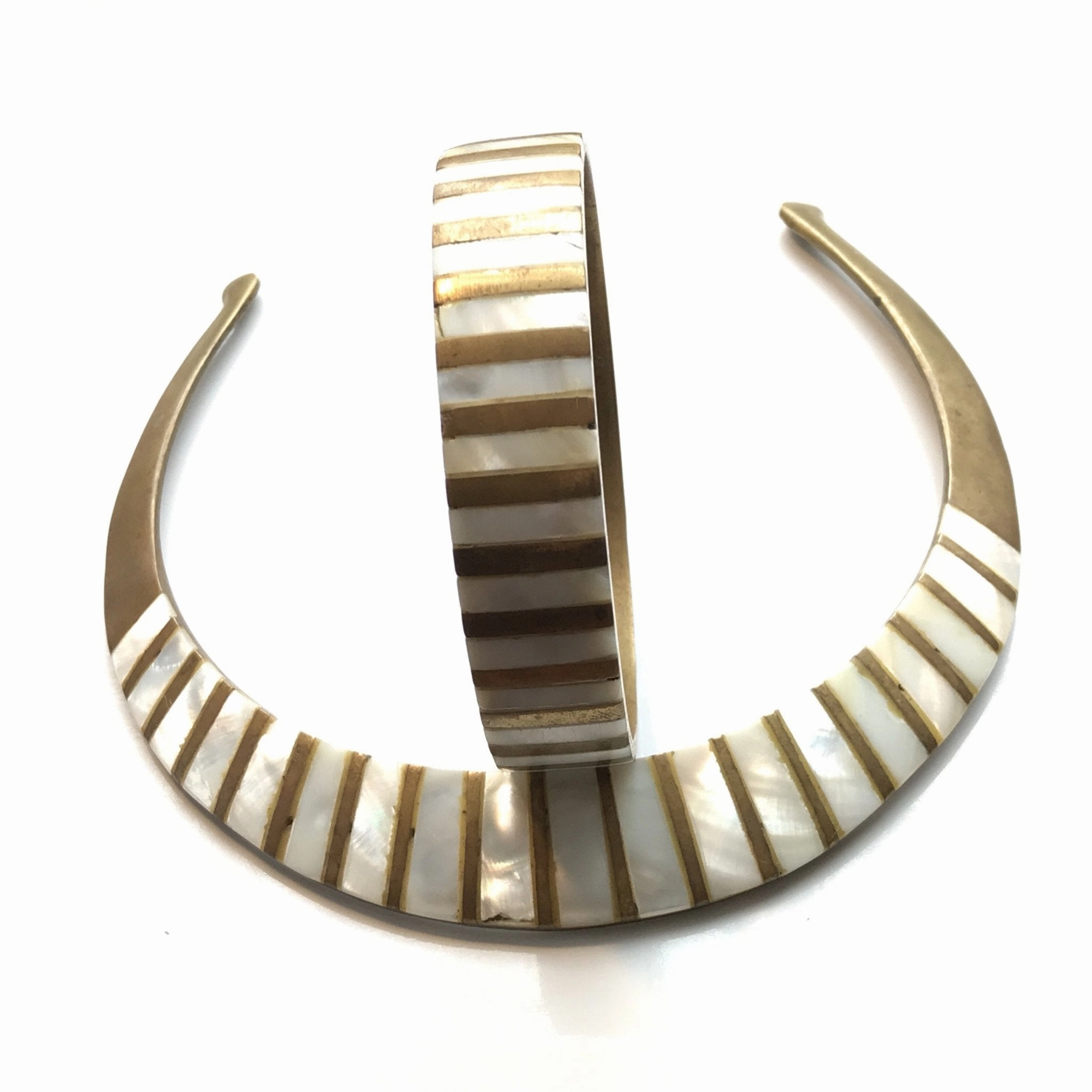 Expressive Accent Subtle Vibe Vintage Brass and Mother of Pearl Collar Choker and Bangle Bracelet.