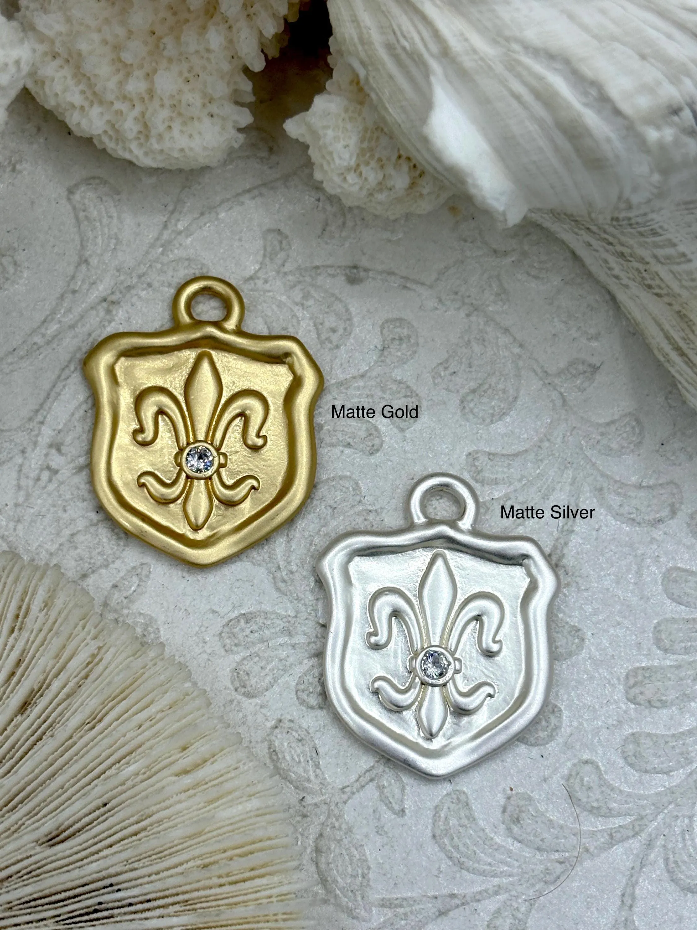 Fleur De Lis Shield Charms with CZ, Fleur De Lis Charm, 2 Finishes, Brass Charm, Fleur de lis Pendant, French Charm, Paris Charm, Fast Ship. Superb Adornment Representative Piece