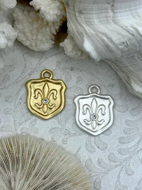 Fashionable Accessory Fleur De Lis Shield Charms with CZ, Fleur De Lis Charm, 2 Finishes, Brass Charm, Fleur de lis Pendant, French Charm, Paris Charm, Fast Ship.