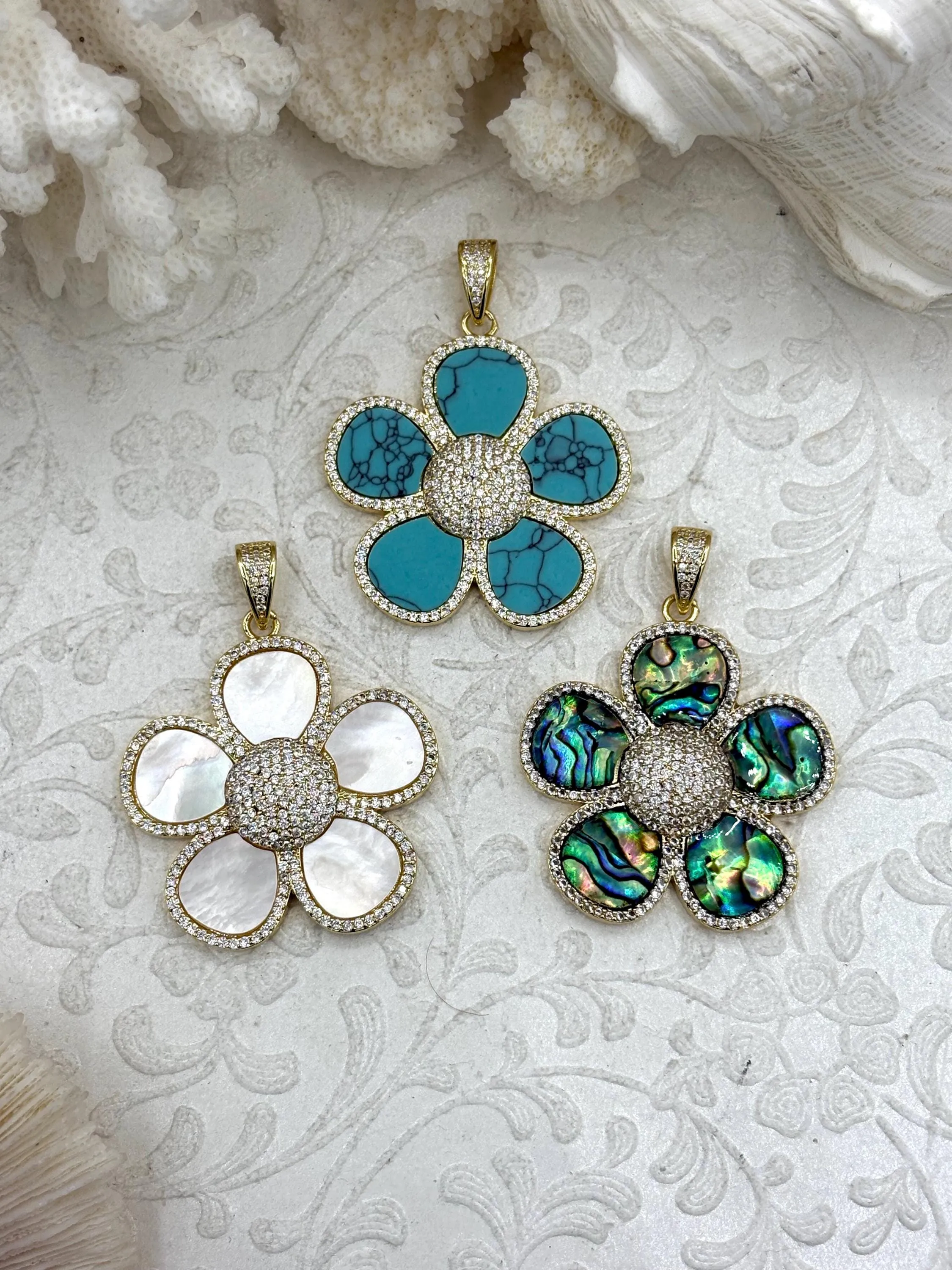 Unique Flair Flower Shaped Pendants Turquoise Howlite, Mother of Pearl, or Abalone. 38mm, Variety of stones, 3 styles. Fast Ship