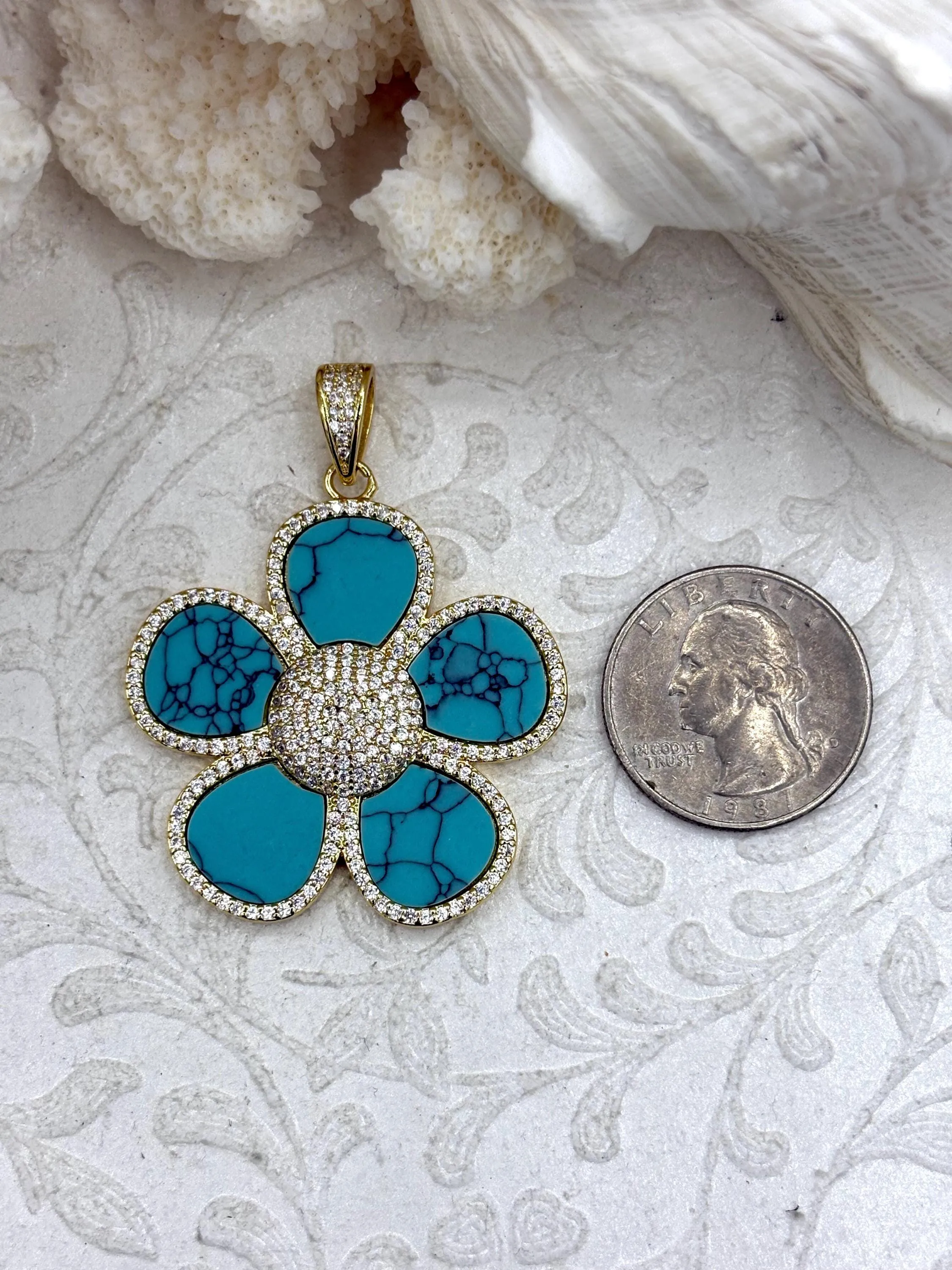 Minimal Accent Mother Mood Flower Shaped Pendants Turquoise Howlite, Mother of Pearl, or Abalone. 38mm, Variety of stones, 3 styles. Fast Ship