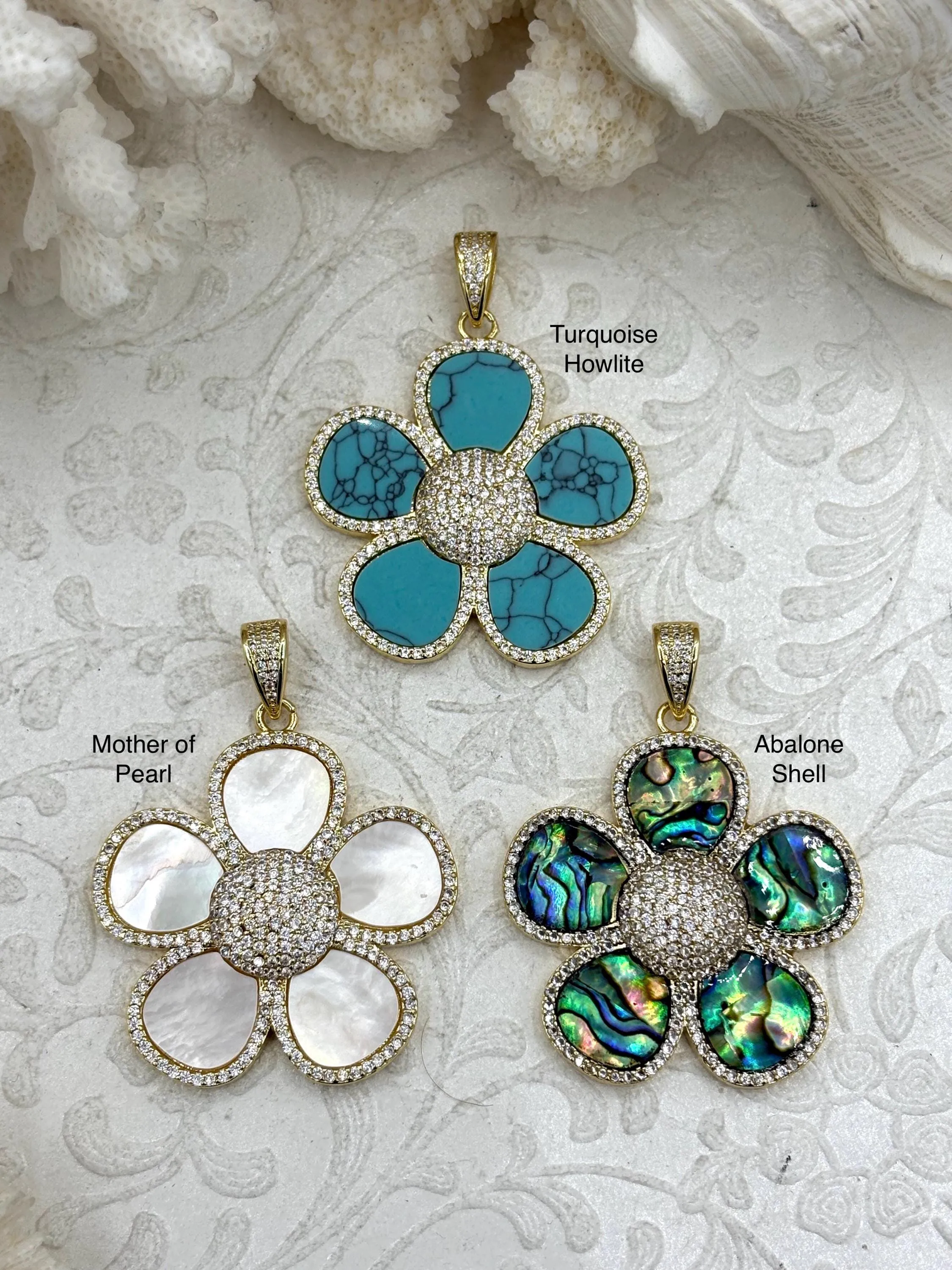 Flower Shaped Pendants Turquoise Howlite, Mother of Pearl, or Abalone. 38mm, Variety of stones, 3 styles. Fast Ship Superior Design Exclusive Design