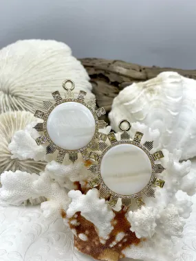 For Promotion Genuine Mother of Pearl Cabochon Pendants with Gold Plated Brass Bezel and Colorful Cubic Zirconia Accents ,2 CZ colors, Fast Ship