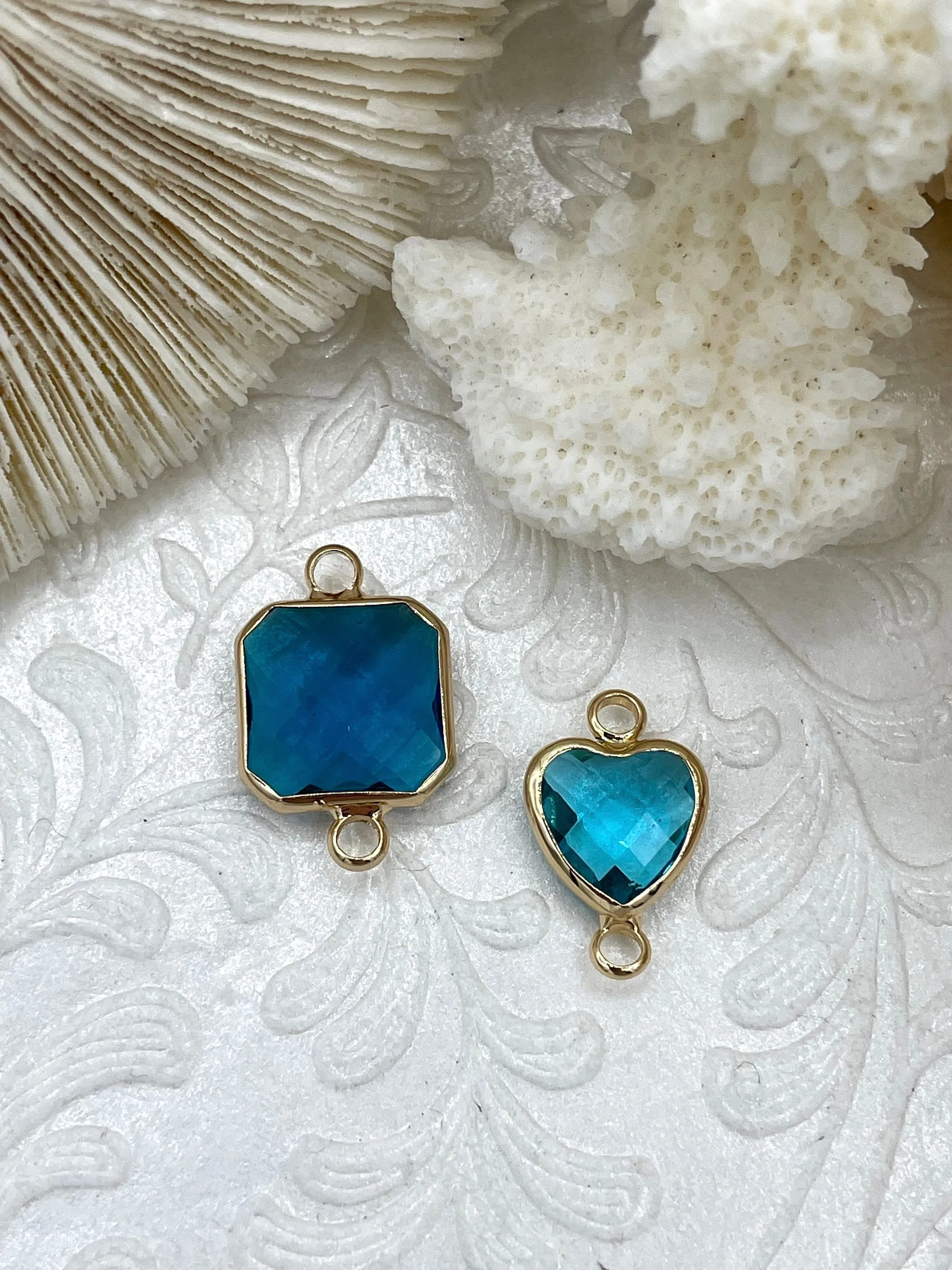 Small Blue Crystal Connector Charms. 2 styles, square or heart. blue crystal, gold soldering. Fast Shipping Minimalist Accessory