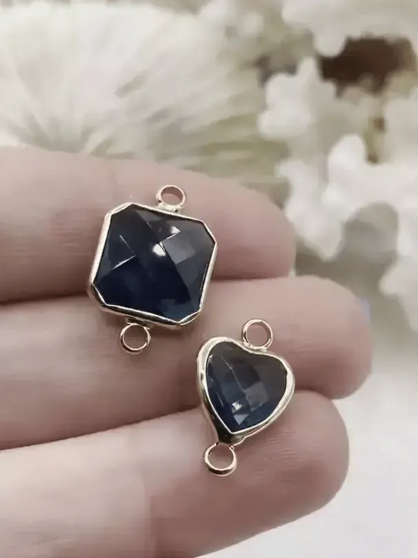 Small Blue Crystal Connector Charms. 2 styles, square or heart. blue crystal, gold soldering. Fast Shipping Colorful Look Signature Accessory