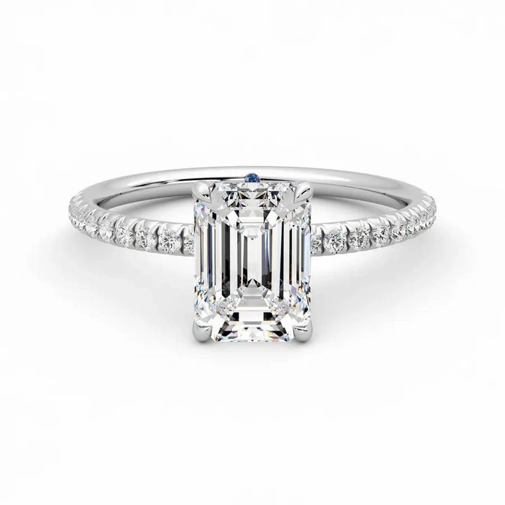 Four Prong Emerald Cut Moissanite Engagement Ring with Hidden Anniversary Stone Accent Sleek Glow