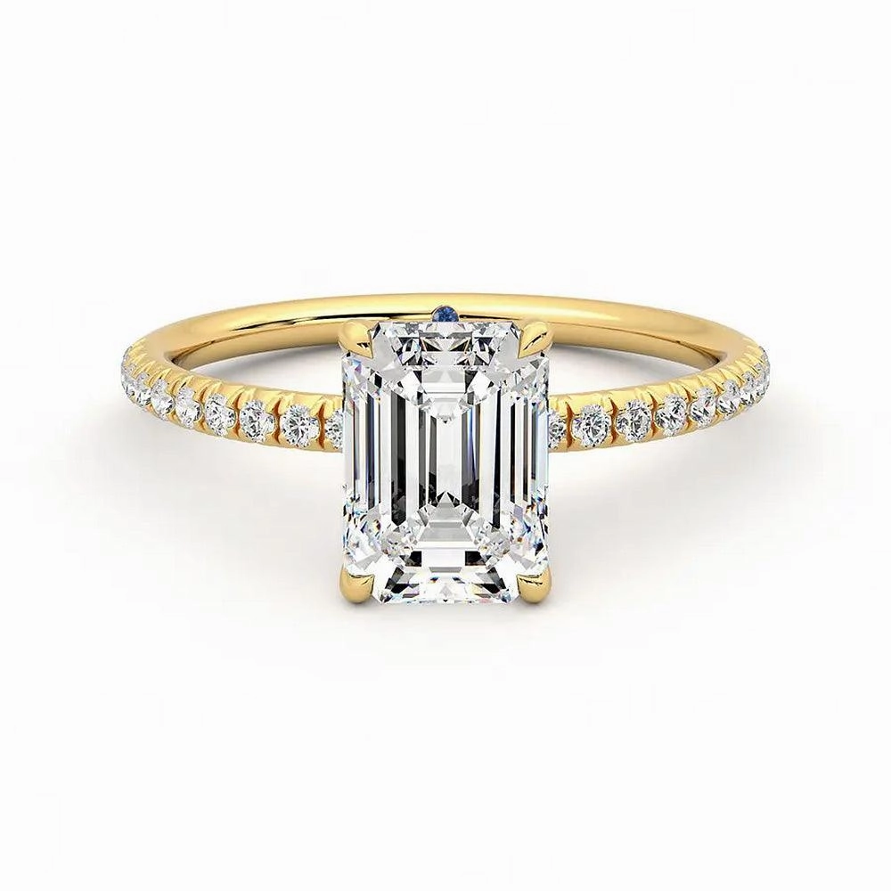 Timeless Trend Romantic Spark Four Prong Emerald Cut Moissanite Engagement Ring with Hidden Anniversary Stone Accent