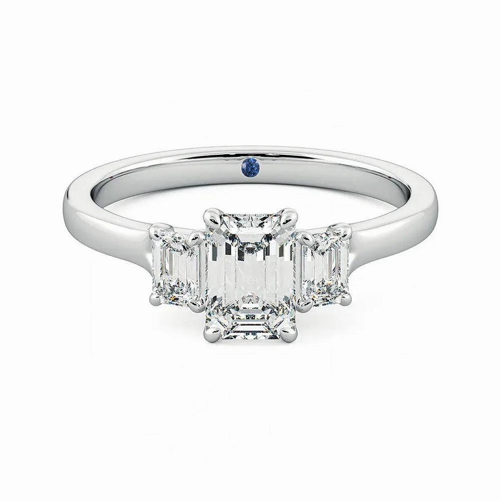 Four Prong Three Stone Emerald Cut Moissanite Engagement Ring with Hidden Anniversary Stone Accent Vivid Glow
