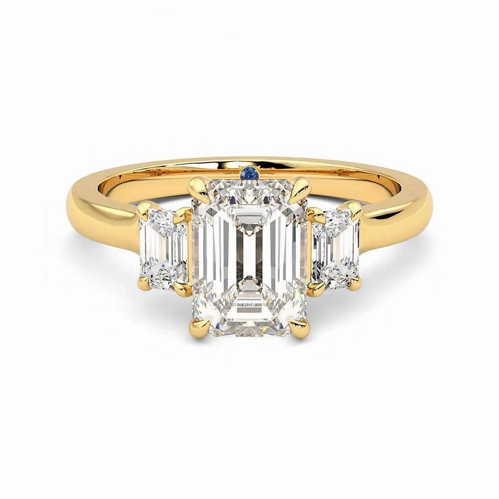 Four Prong Three Stone Emerald Cut Moissanite Engagement Ring with Hidden Anniversary Stone Accent All Day Style Premium Sparkle
