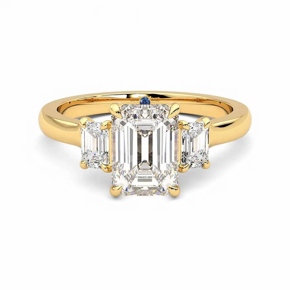 Four Prong Three Stone Emerald Cut Moissanite Engagement Ring with Hidden Anniversary Stone Accent Glittering Details Daily Favorite