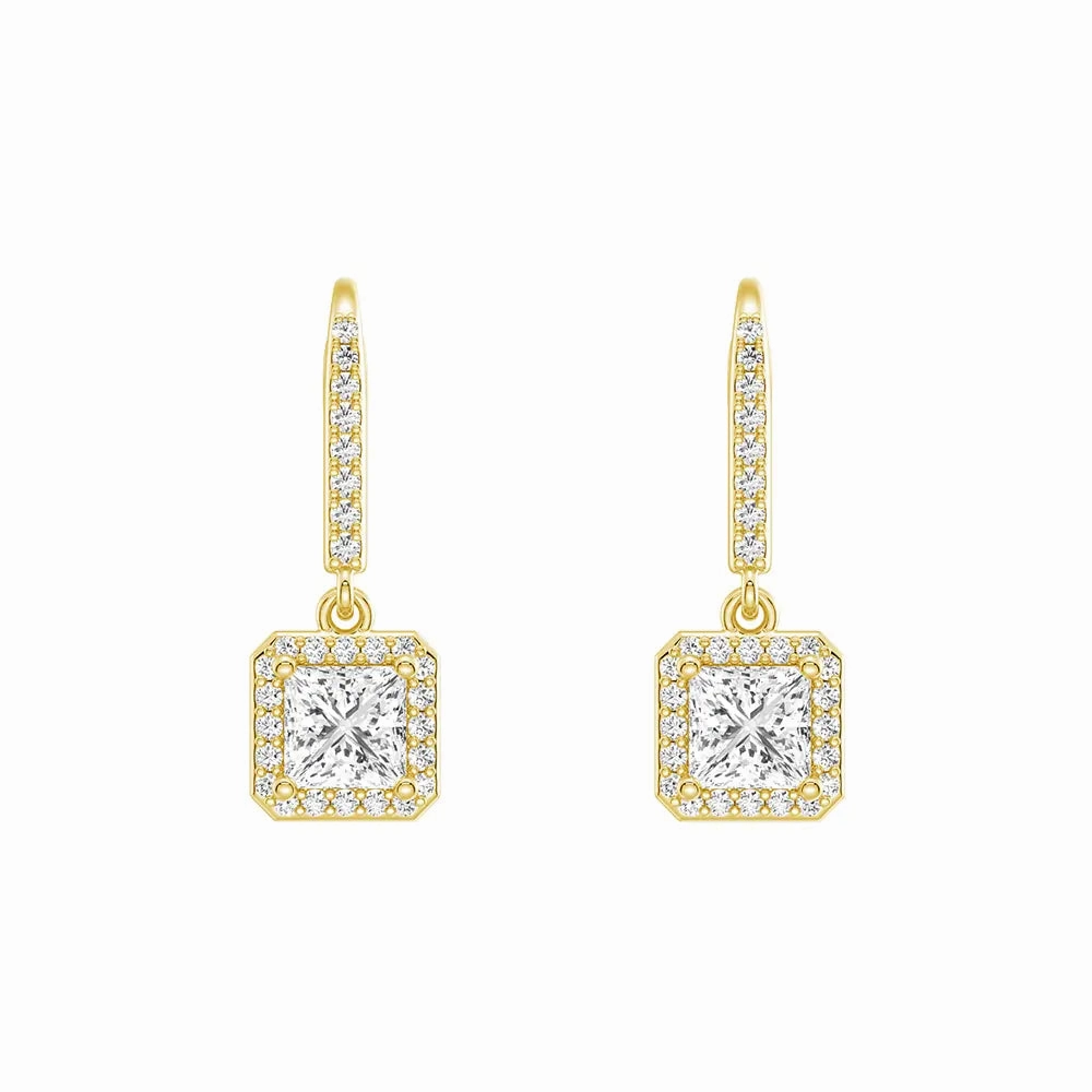 Framed Solitaire Princess Cut Moissanite Drop Earrings Refined Shape