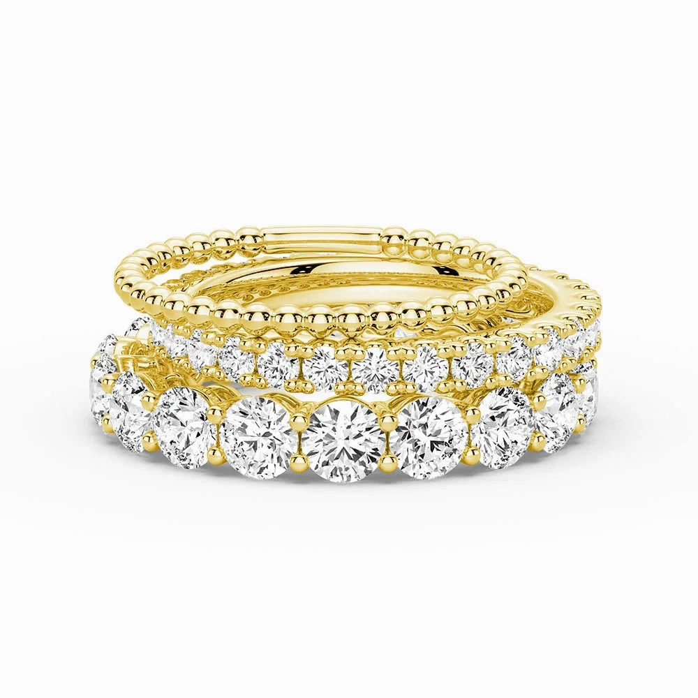 Subtle Highlight French Pave Round Cut Moissanite Eternity Bands with Simple Beaded Band Stacking Rings