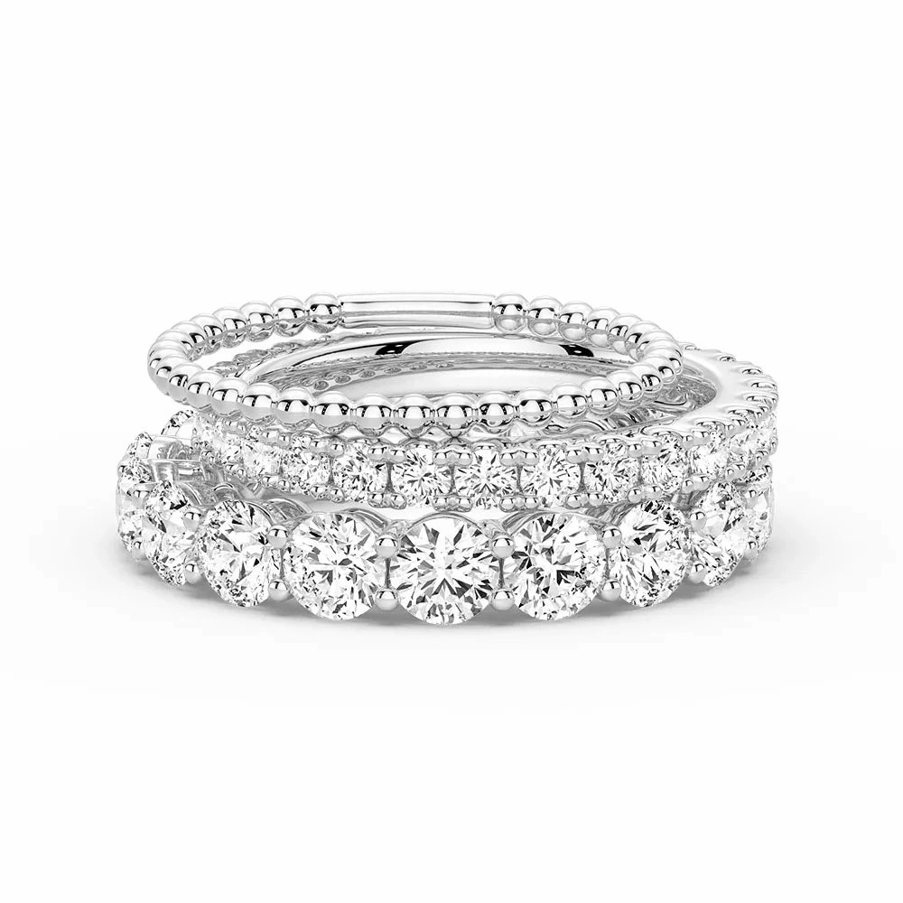 French Pave Round Cut Moissanite Eternity Bands with Simple Beaded Band Stacking Rings Retro Inspired