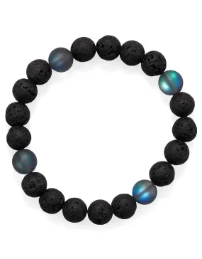 Mens Stretch Bracelet with Black Lava and Imitation Labradorite Glass Beads Starry Night