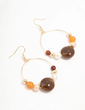 Brown Beaded & Pearl Acrylic Round Drop Earrings Sophisticated Style