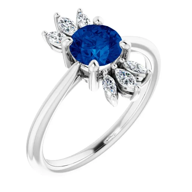 14K White Blue Sapphire & 1/4 CTW Diamond Ring Modern Design Classic Present