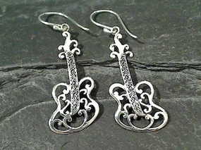 Festive Item Striking Accent Sterling Silver Guitar Earrings