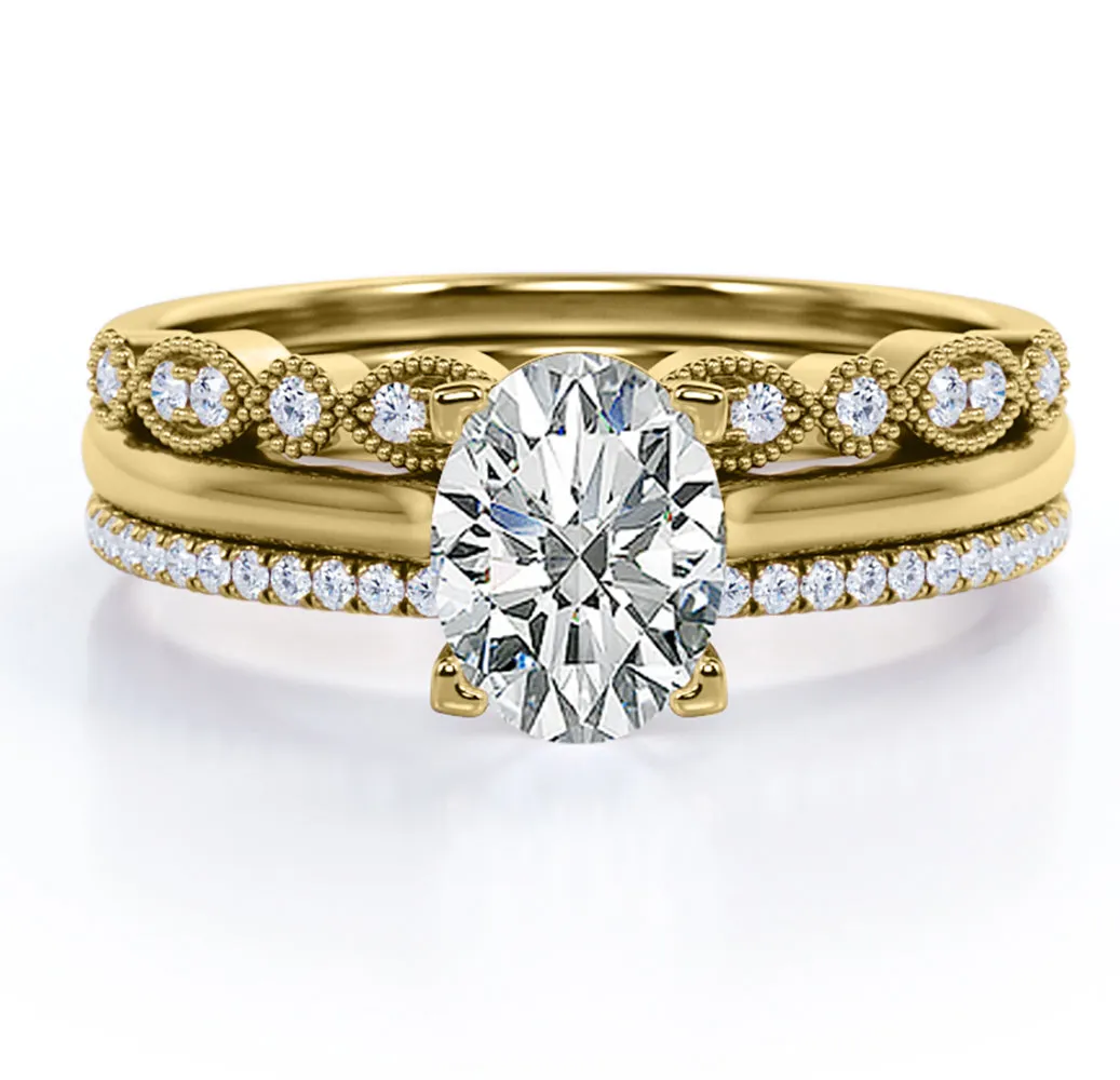 Solitaire 2 Carat Oval Cut Moissanite Art Deco Trio Set Modern Flow