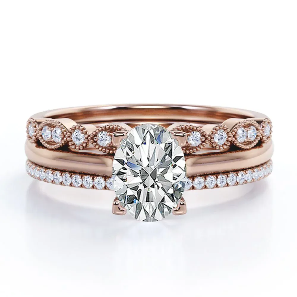 Layered Edge Weekend Glow Solitaire 2 Carat Oval Cut Moissanite Art Deco Trio Set