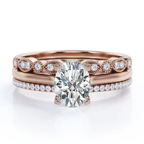 Layered Edge Weekend Glow Solitaire 2 Carat Oval Cut Moissanite Art Deco Trio Set