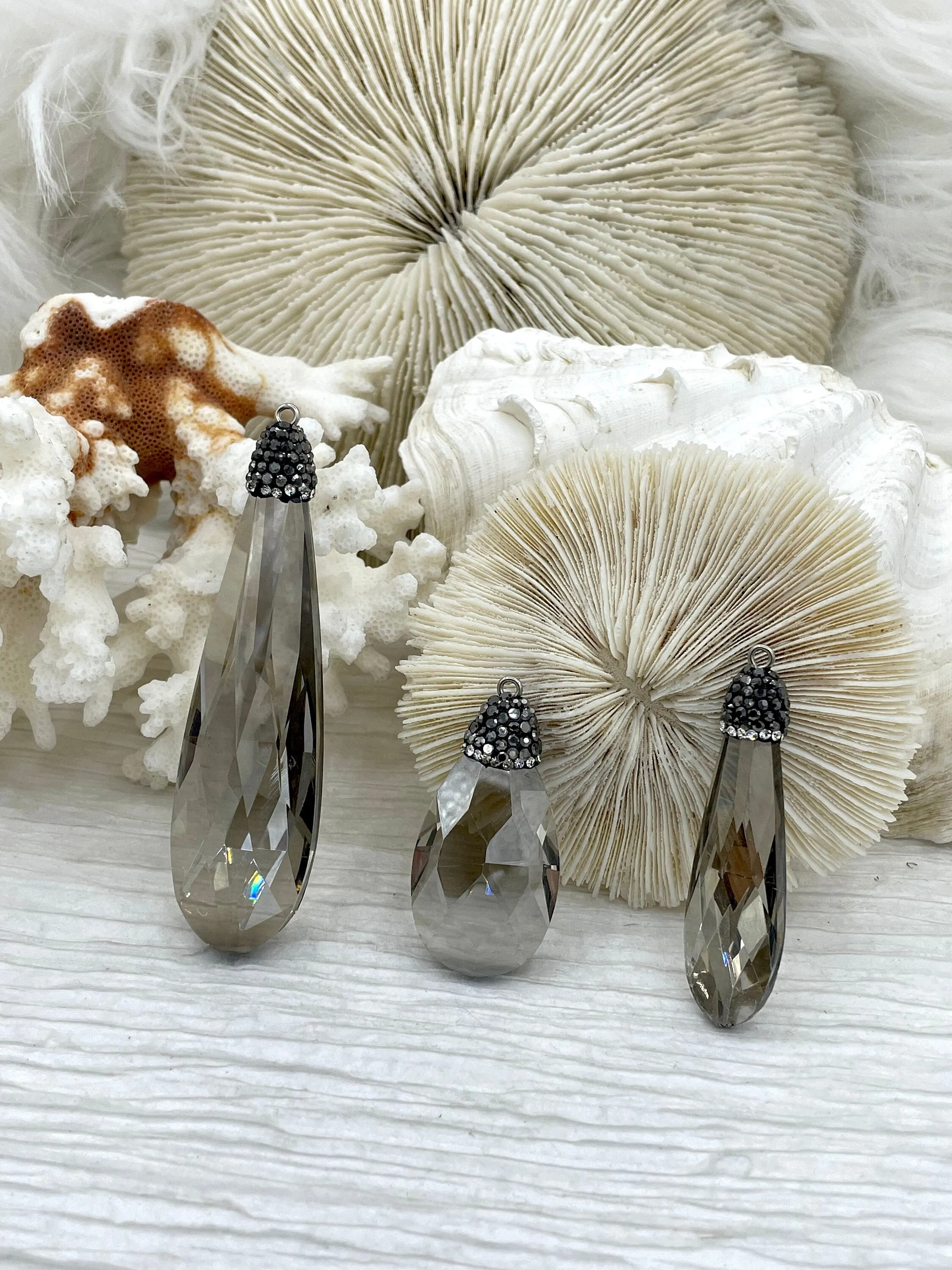 Smokey Crystal Pendants and charms with Clear and Gunmetal Cubic Zirconia. 4 Styles of Charms and Pendants, Smokey Crystal. Fast Shipping Trendy Ornament