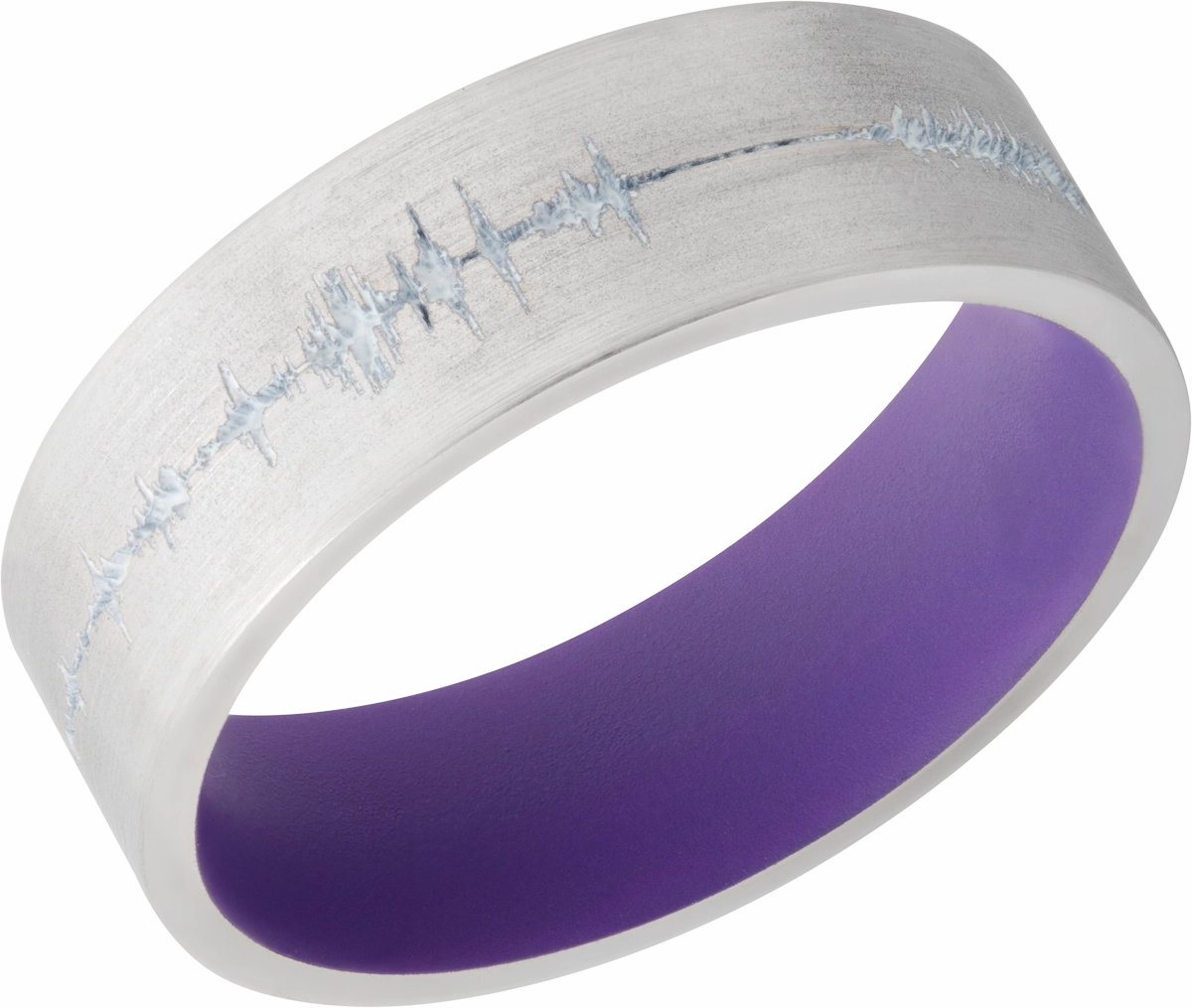 Timeless Shine Shine Cobalt chrome 7mm flat band with a laser-carved personalized soundwave and a Bright Purple Cerakote Sleeve