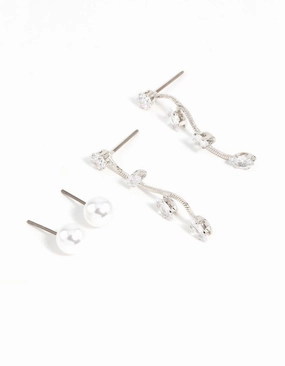 Work Accent Unique Highlight Silver Pearl & Cubic Zirconia Vine Drop Earrings 2-Pack