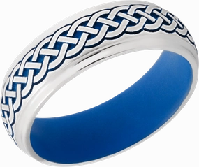 Cobalt chrome 7mm domed band with grooved edges a laser-carved Celtic pattern featuring Royal Blue Cerakote All Day Wear Sleek Mood