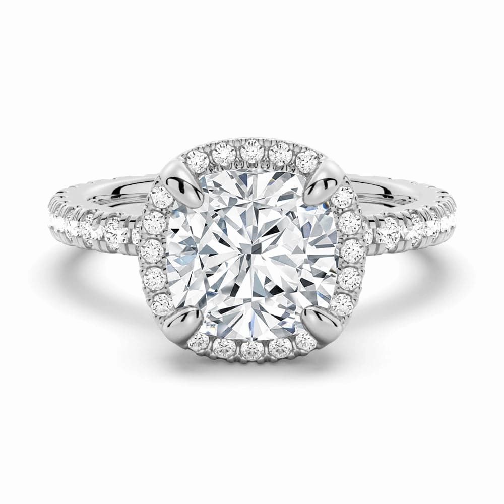 Neutral Tone Stunning Accent Half Eternity Cushion Cut Moissanite Halo Engagement Ring
